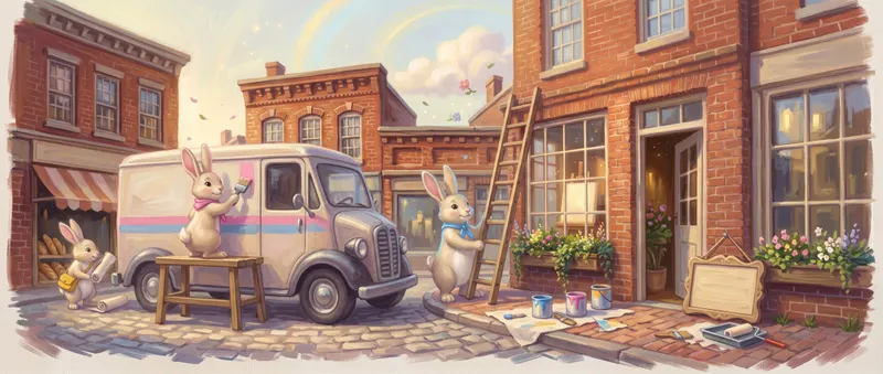 Bloom paints fresh pink and blue stripes on a small delivery van while Juniper paints a shopfront from a ladder and Scout watches nearby.
