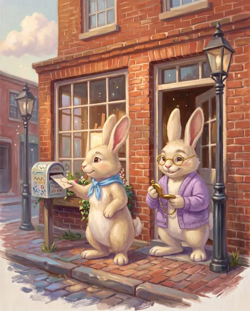 Juniper drops a note into a painted mailbox outside a brick shop while Sage checks a pocket watch in the doorway.