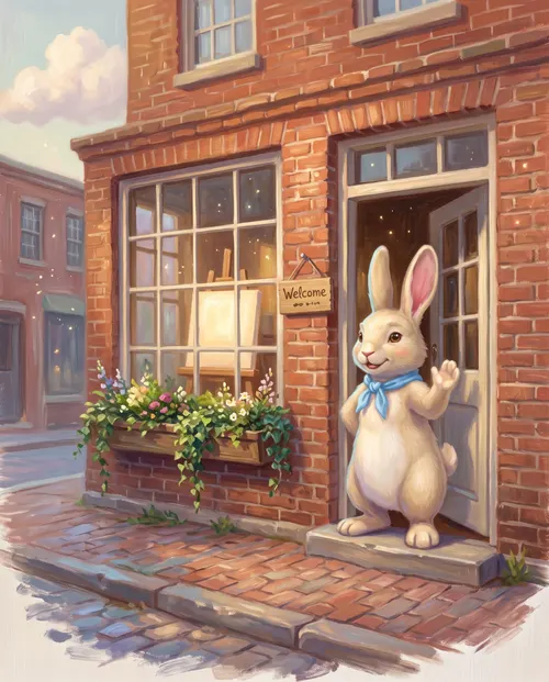 Juniper, a rabbit in a sky-blue neckerchief, waves from the doorway of a brick shopfront with a Welcome sign and flower boxes under the window.