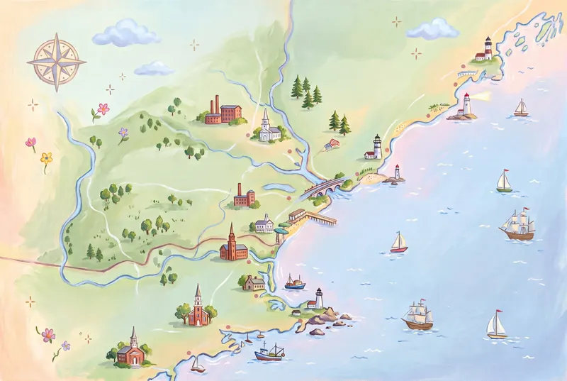 An illustrated storybook map of the coast LEAP WORKS serves, from the Massachusetts North Shore up through the NH Seacoast to Southern Maine, with mill towns, white steeples, lighthouses, and sailboats.