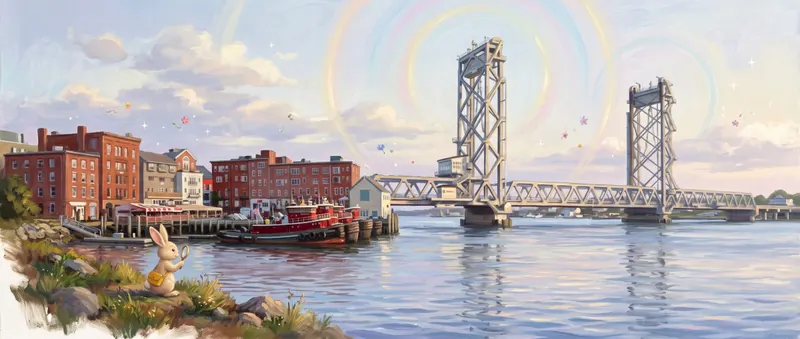 Portsmouth's Memorial Bridge and brick waterfront at first light, with red tugboats at the pier and a small rabbit watching from the rocky shore.