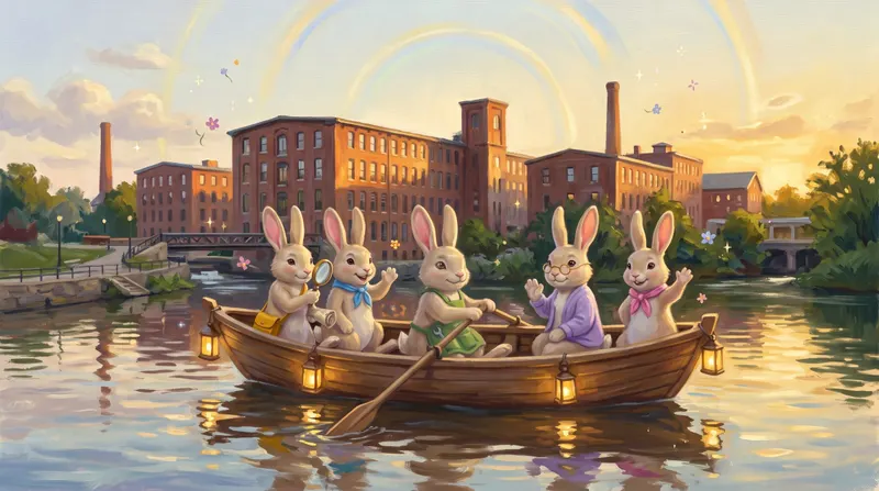 The five rabbits row a lantern-lit wooden boat along the Cocheco River, past Dover's brick mill buildings at sunset.