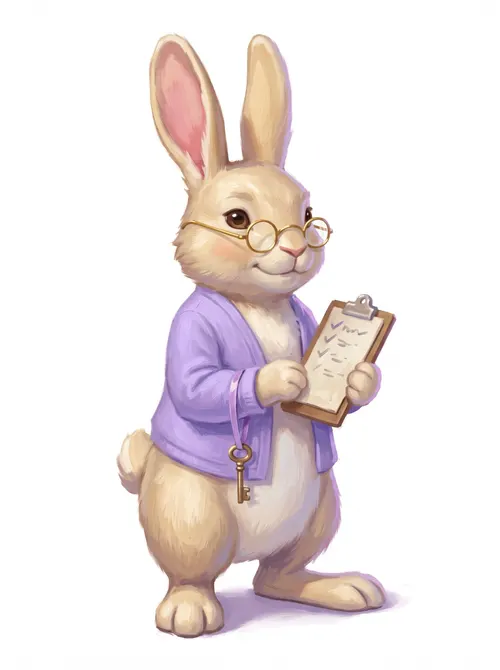 Sage, the AI Policy rabbit, in round glasses and a lilac cardigan, holding a checklist on a clipboard with a key on a ribbon.