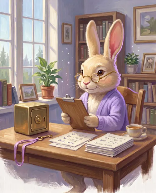 Sage, a rabbit in round glasses and a lilac cardigan, reads a clipboard at a desk beside a small locked safe and its key.