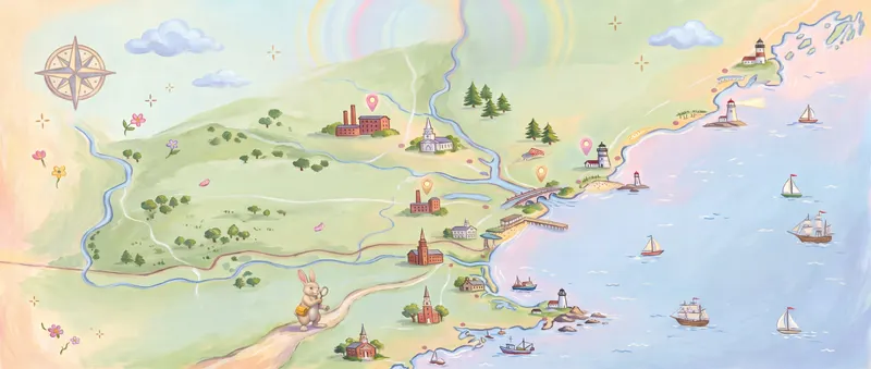 Scout walks a winding path across a storybook map of the Seacoast, past mill towns, steeples, and lighthouses, with small glowing pins above a few towns.