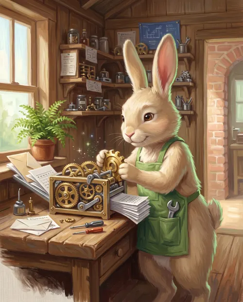 Sprocket, a rabbit in a green apron, fits a brass gear into a clockwork machine that turns loose letters into neat stacks of paper.